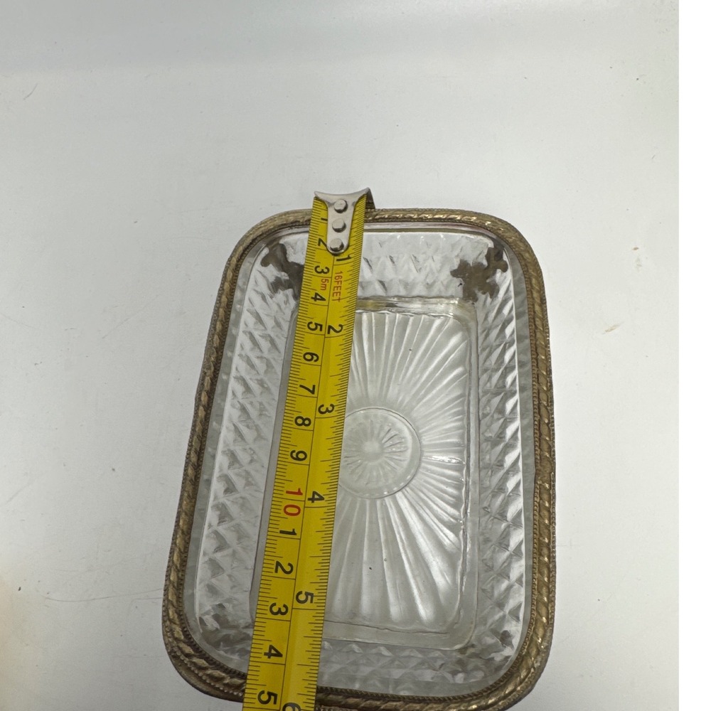 Vintage Crystal Glass Trinket Dish Brass Filigree Frame Gold Rectangular Good 5" - Picture 7 of 11